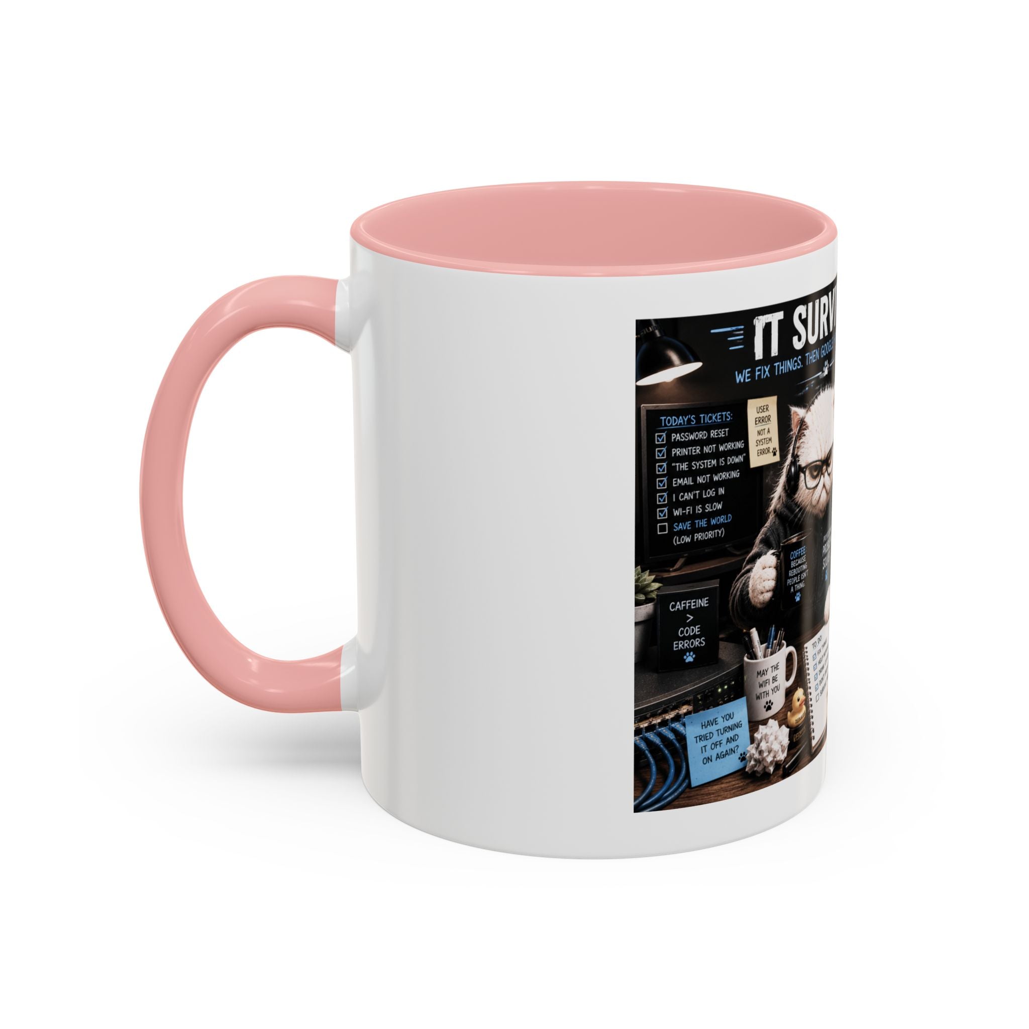IT Survival Coffee Mug — Funny Cat IT Support Desk Ceramic Accent Mug (11/15oz)