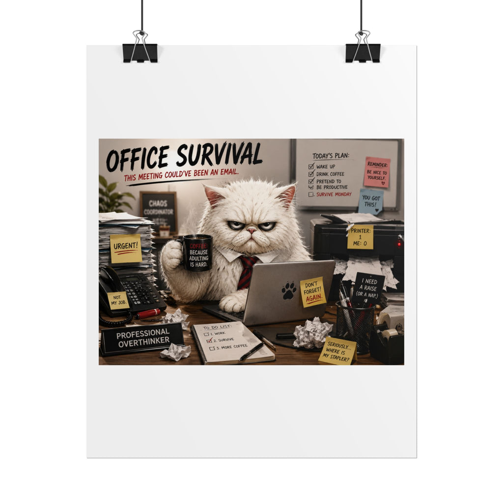 Office Survival Cat Poster — Funny Grumpy Cat Desk Print (Rolled Poster)