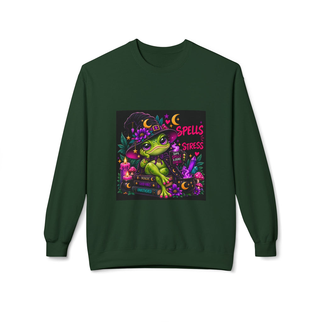Crewneck Sweatshirt — Cute Witch Frog "Spells > Stress" Graphic