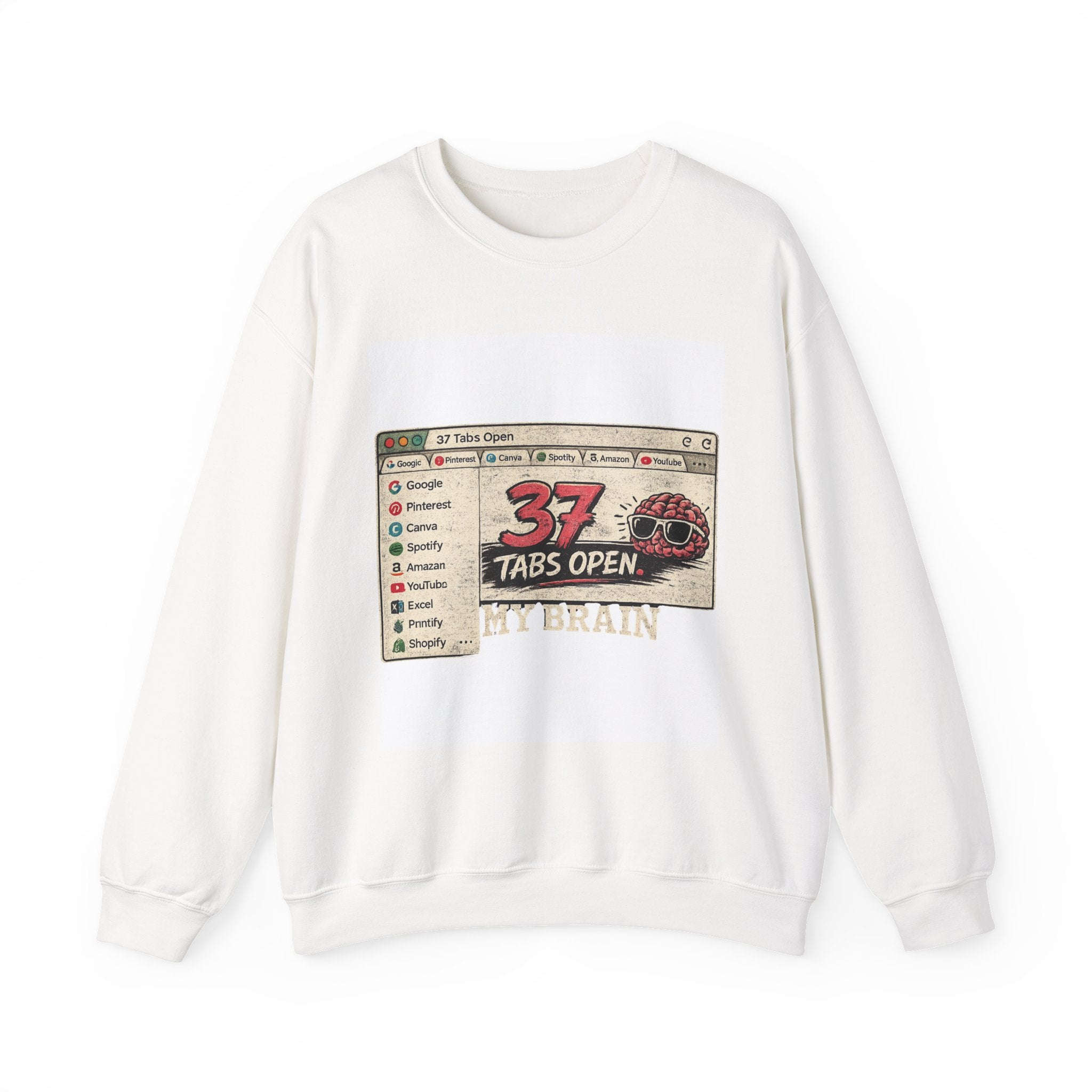 Crewneck Sweatshirt — "37 Tabs Open" Funny Brain Browser Graphic