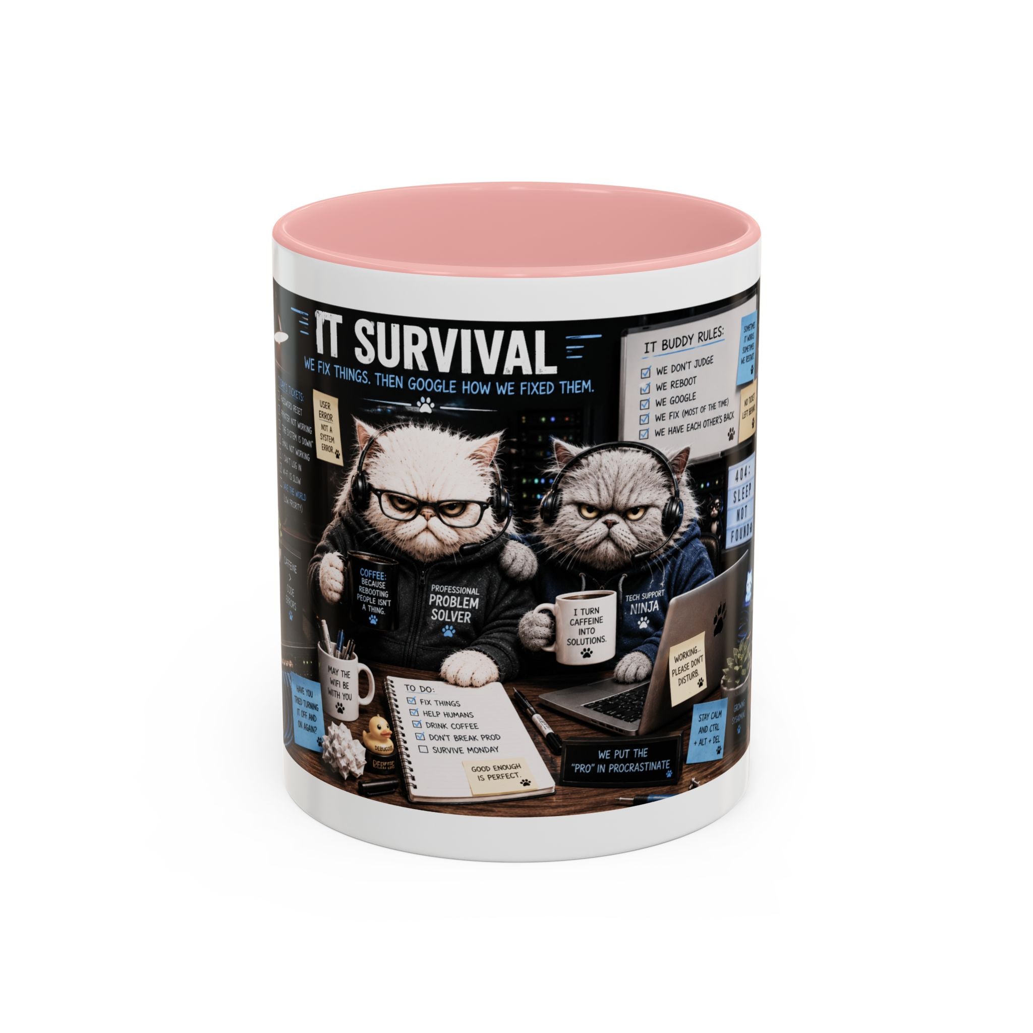 IT Survival Coffee Mug — Funny Cat IT Support Desk Ceramic Accent Mug (11/15oz)