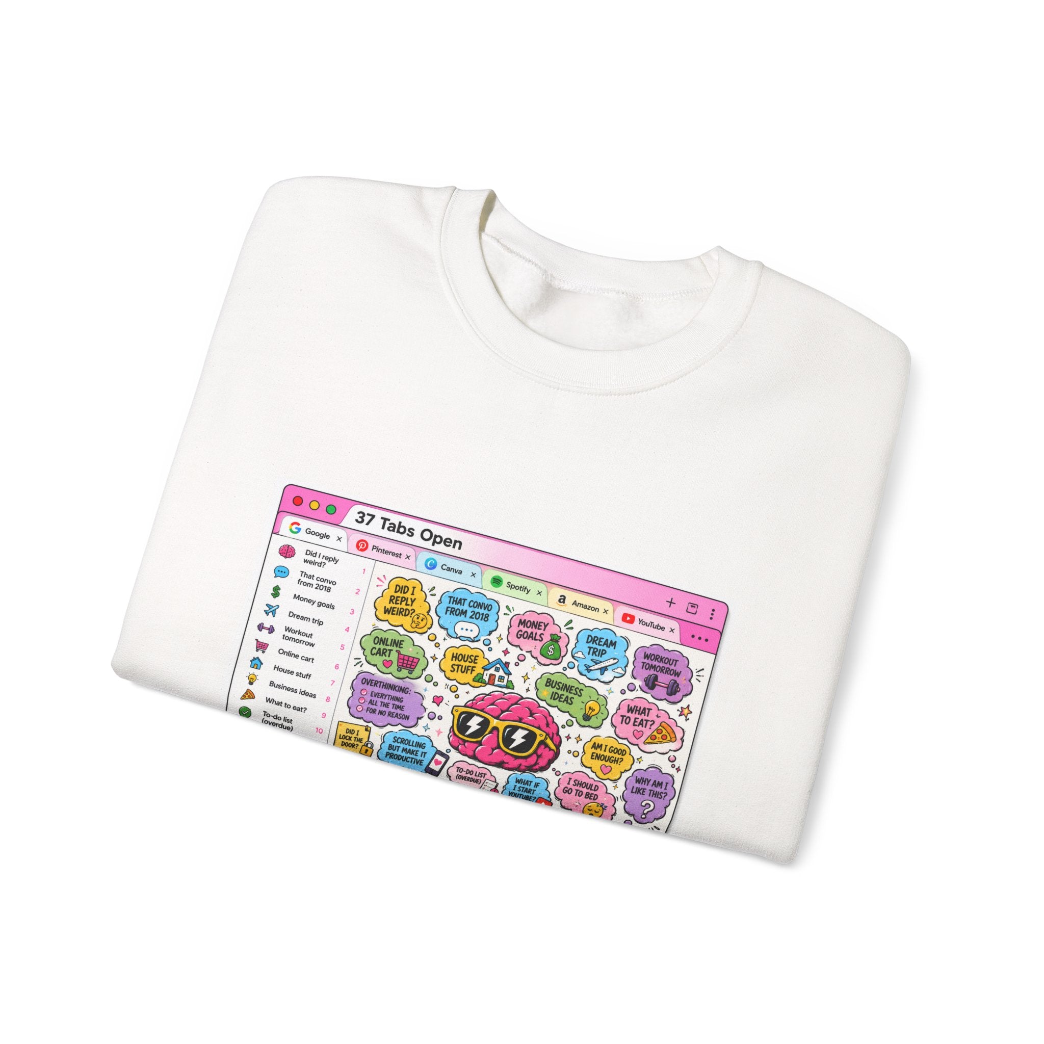 Crewneck Sweatshirt — Cute Colorful “37 Tabs Open” Brain Browser Graphic