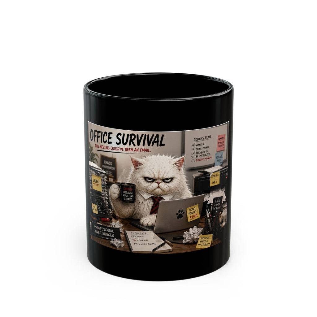 Office Survival Mug — Funny Cat Desk Coffee Cup (11oz, 15oz)