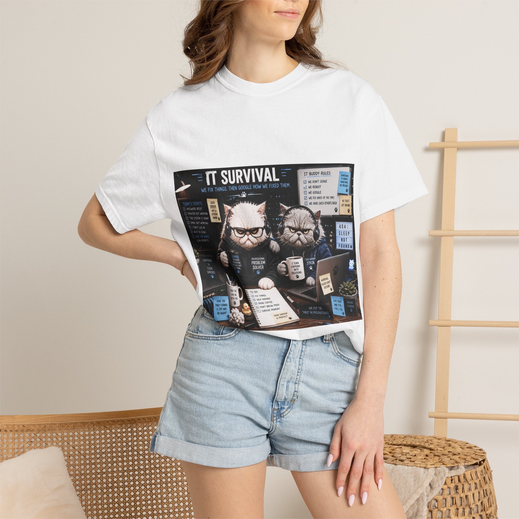 IT Survival T-Shirt — Funny Cat Programmers Desk Graphic Tee