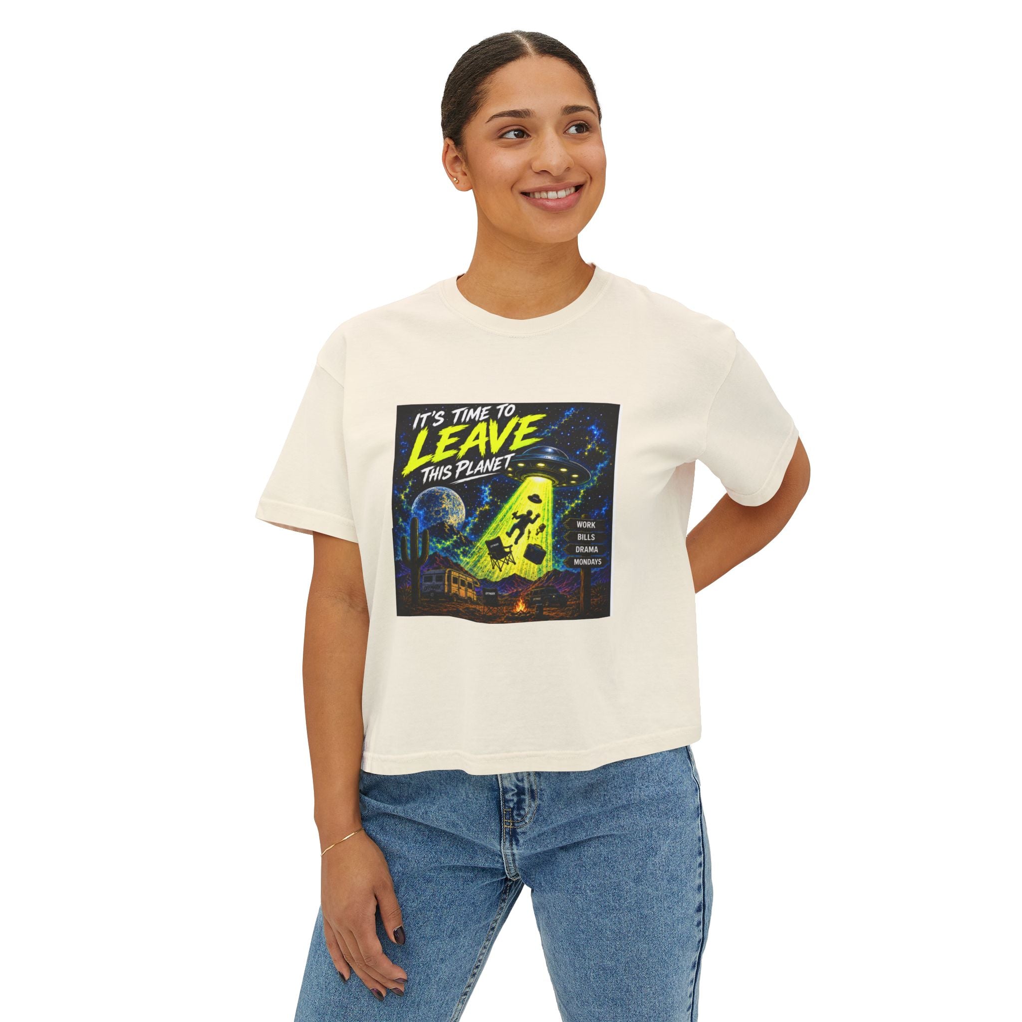 It’s Time to Leave This Planet Graphic Tee — Women’s Boxy Crop Top