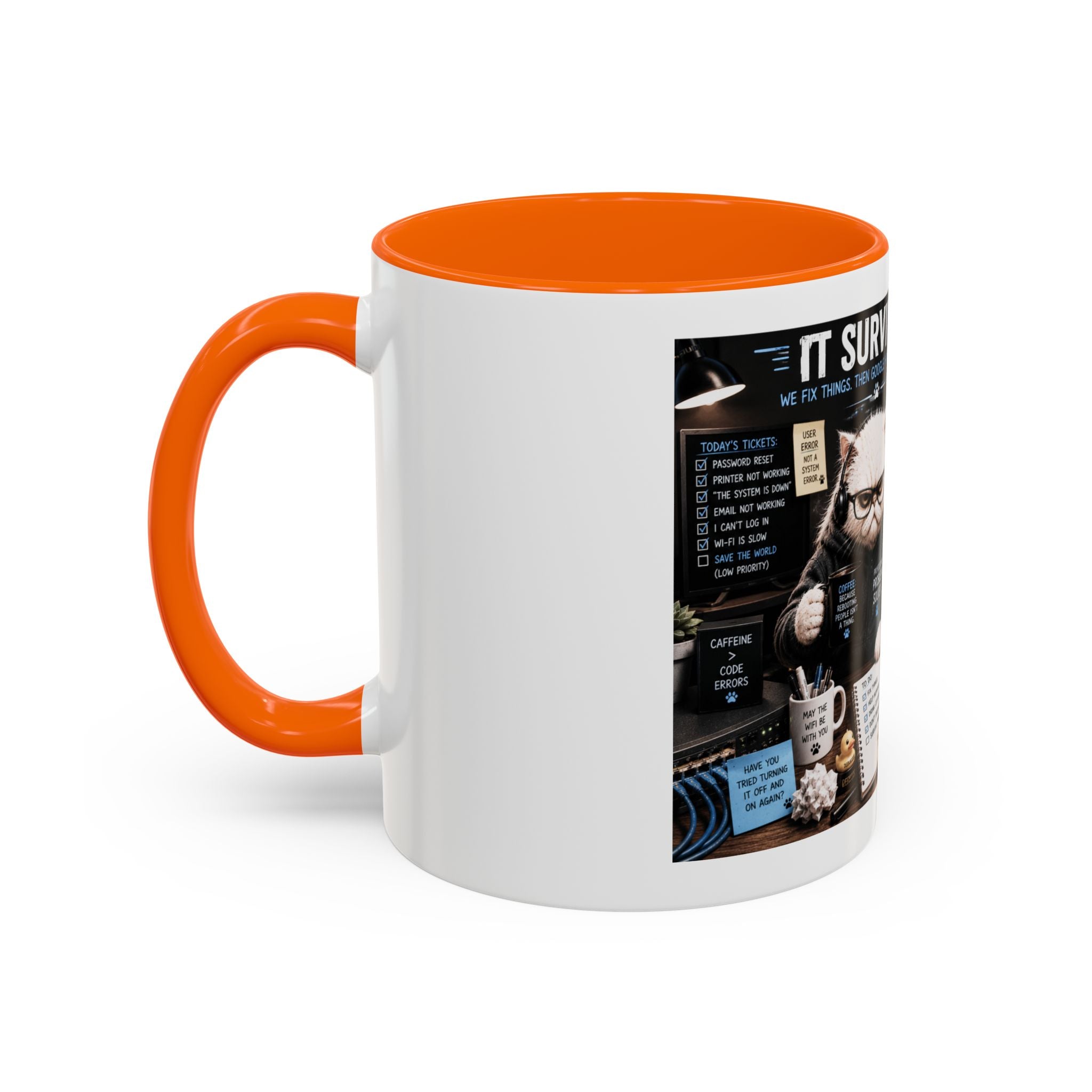 IT Survival Coffee Mug — Funny Cat IT Support Desk Ceramic Accent Mug (11/15oz)