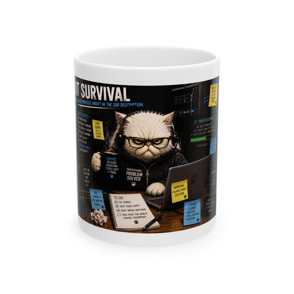 Cat IT Survival Mug — Funny Programmer Coffee Cup with 'Problem Solver' Design (11oz, 15oz)