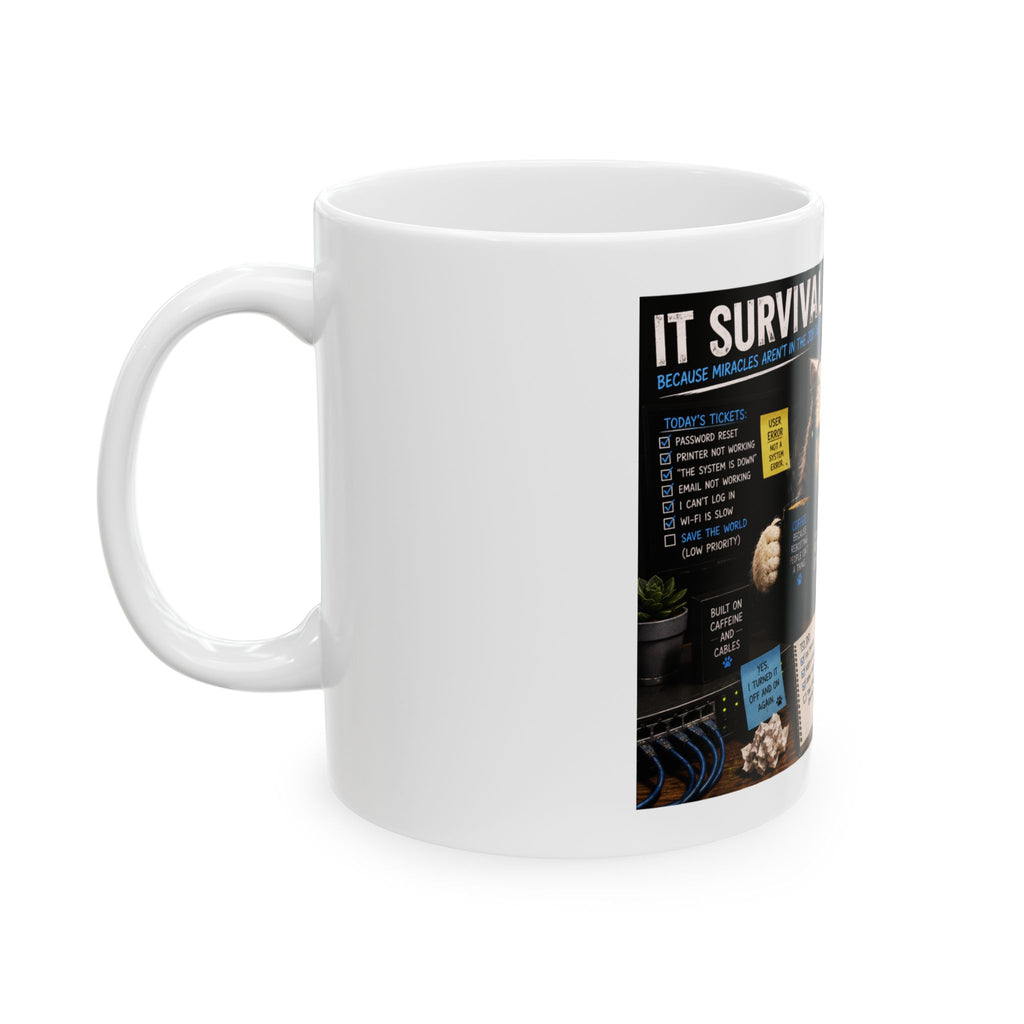 Cat IT Survival Mug — Funny Programmer Coffee Cup with 'Problem Solver' Design (11oz, 15oz)