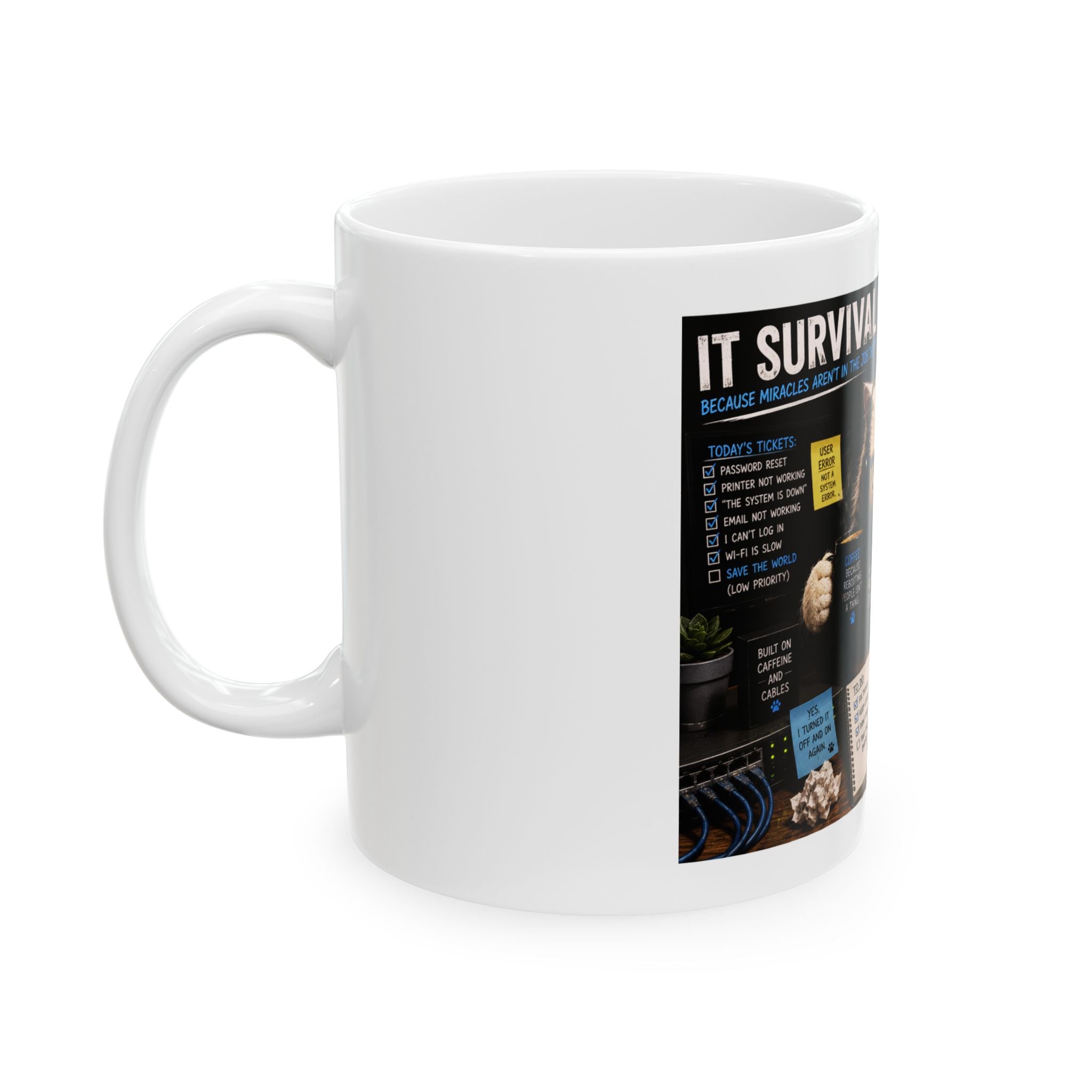 Cat IT Survival Mug — Funny Programmer Coffee Cup with 'Problem Solver' Design (11oz, 15oz)