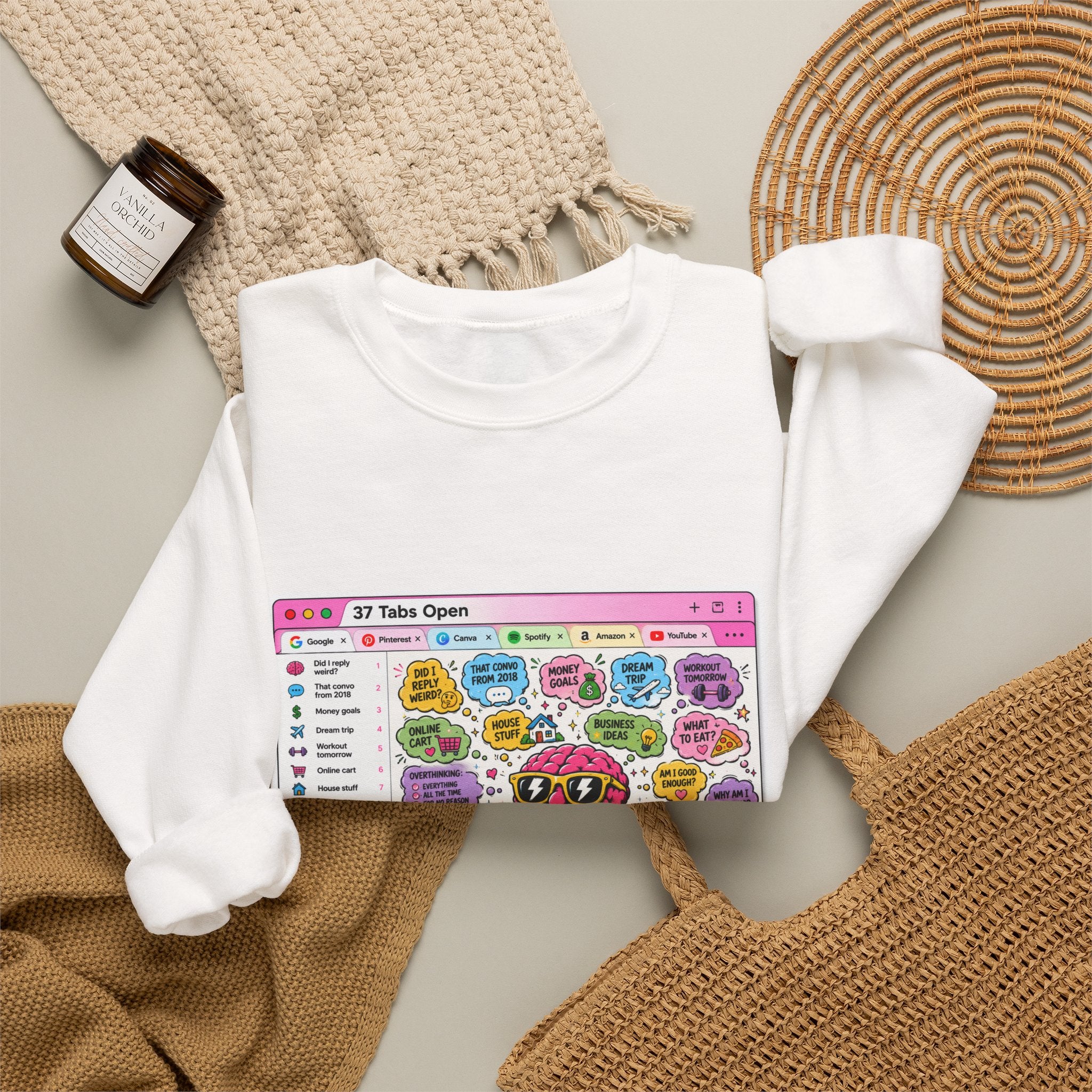Crewneck Sweatshirt — Cute Colorful “37 Tabs Open” Brain Browser Graphic