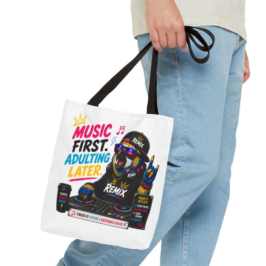 "Music First. Adulting Later." Remix the Parrot-Graphic Tote