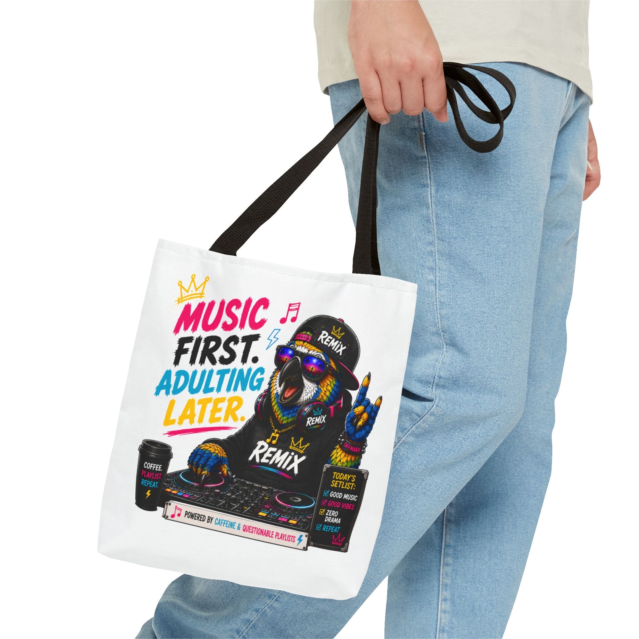 "Music First. Adulting Later." Remix the Parrot-Graphic Tote