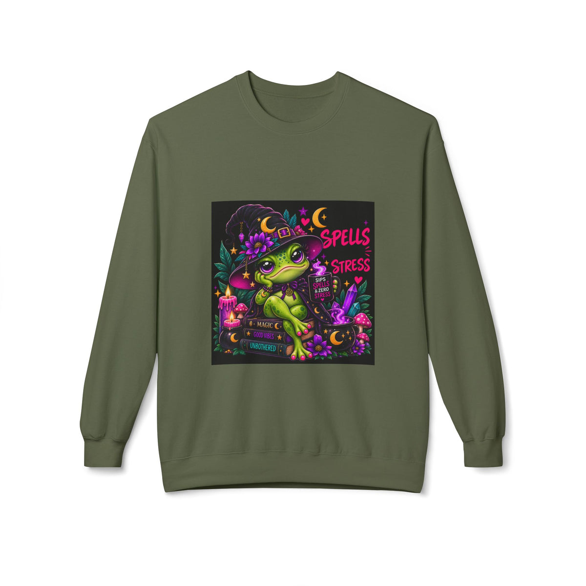 Crewneck Sweatshirt — Cute Witch Frog "Spells > Stress" Graphic