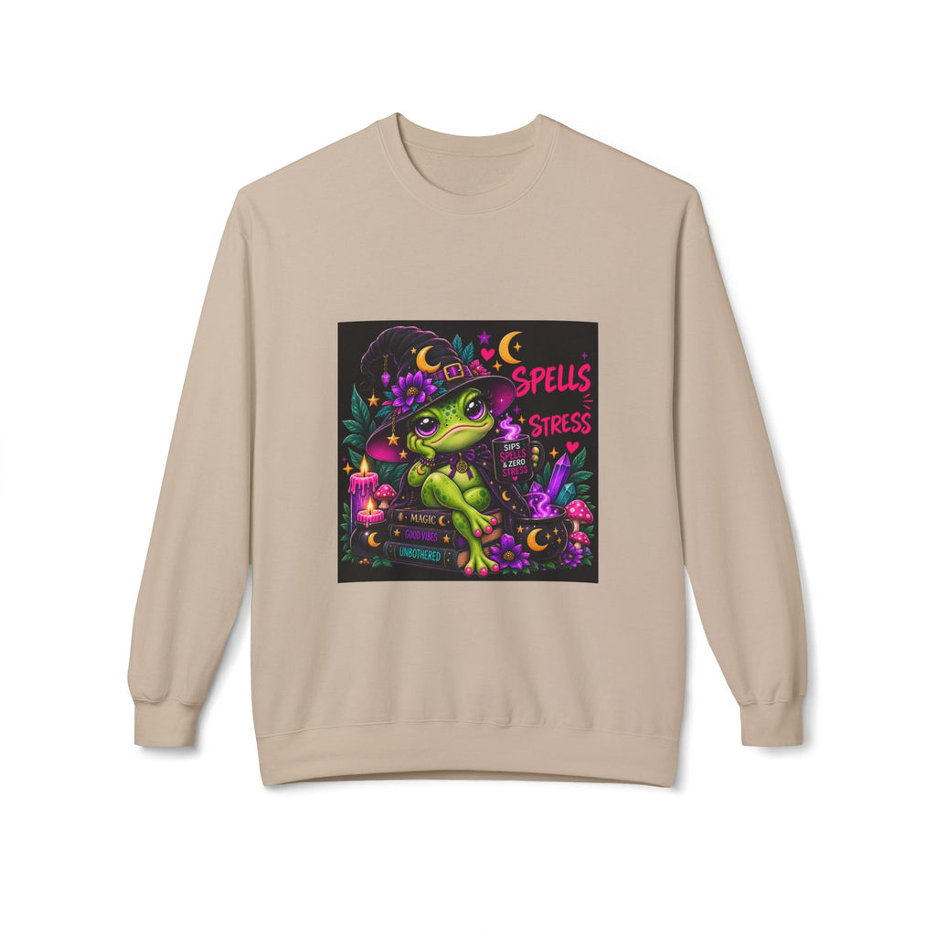 Crewneck Sweatshirt — Cute Witch Frog "Spells > Stress" Graphic