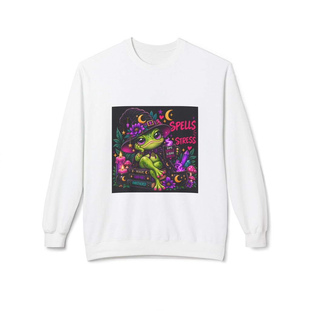 Crewneck Sweatshirt — Cute Witch Frog "Spells > Stress" Graphic