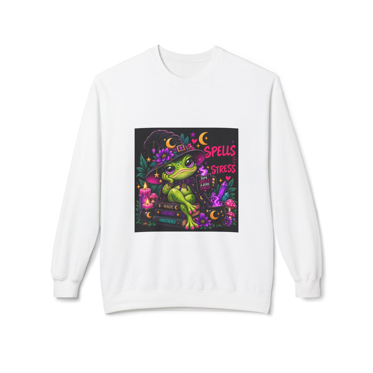 Crewneck Sweatshirt — Cute Witch Frog "Spells > Stress" Graphic