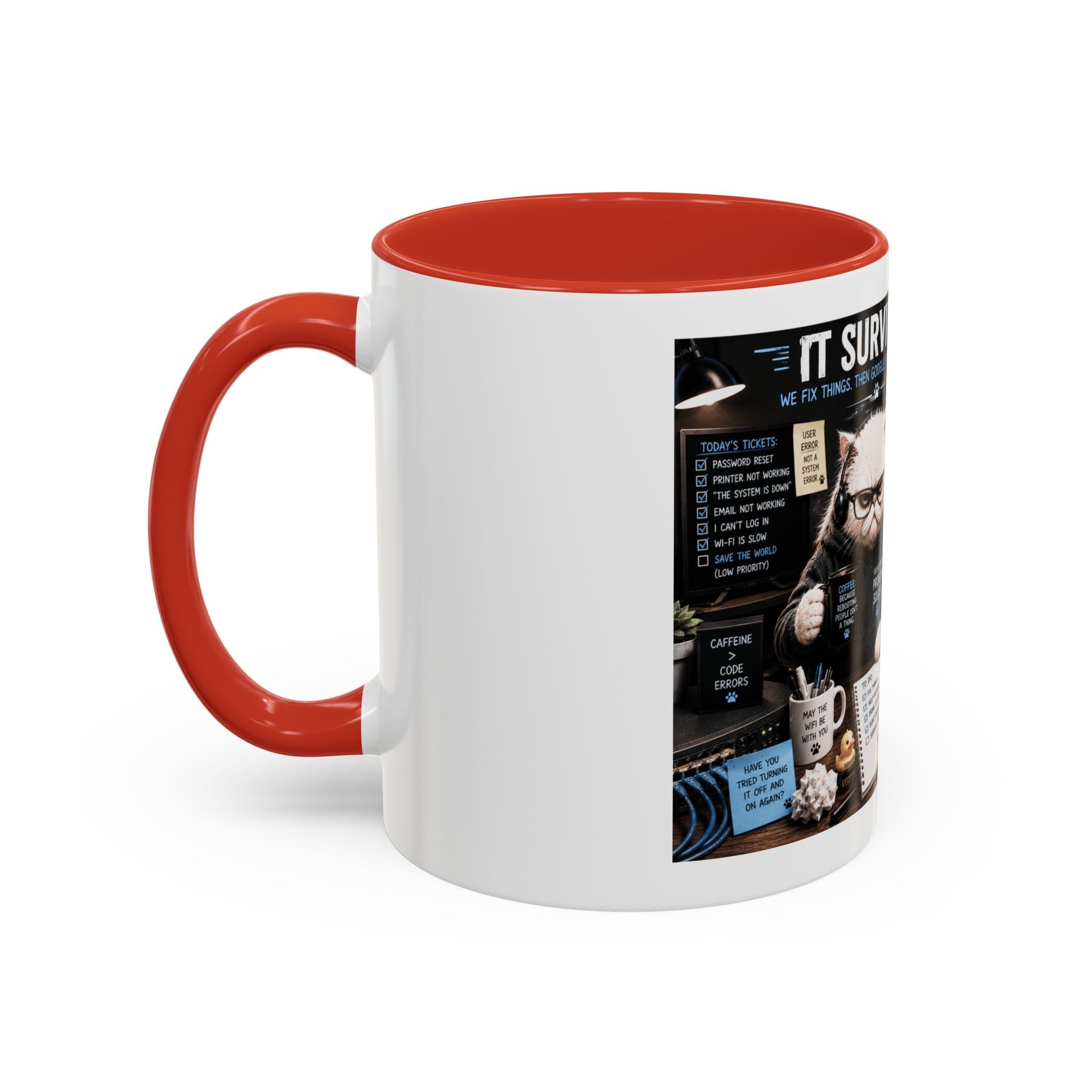 IT Survival Coffee Mug — Funny Cat IT Support Desk Ceramic Accent Mug (11/15oz)