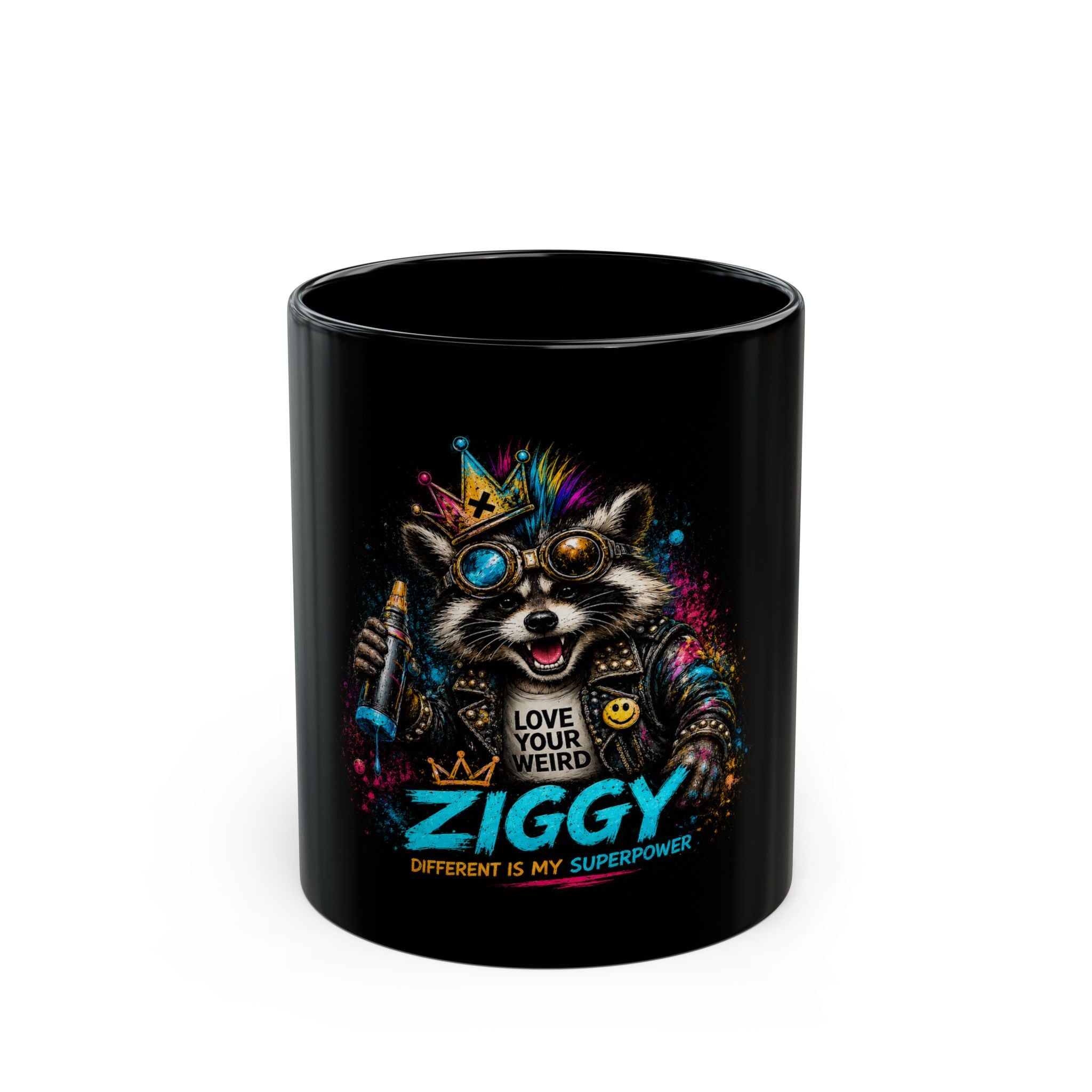 Ziggy Raccoon Mug — 'Love Your Weird' Black Coffee Cup