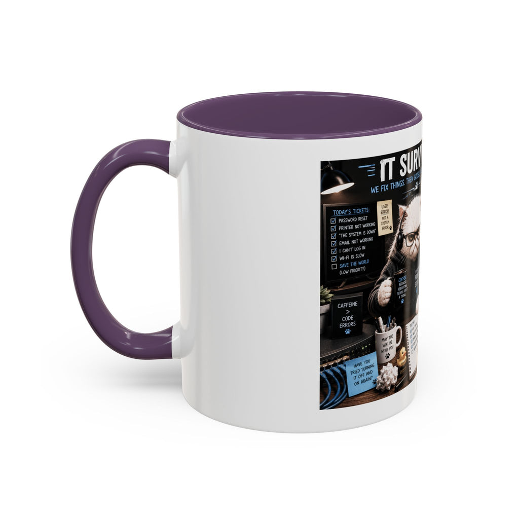 IT Survival Coffee Mug — Funny Cat IT Support Desk Ceramic Accent Mug (11/15oz)