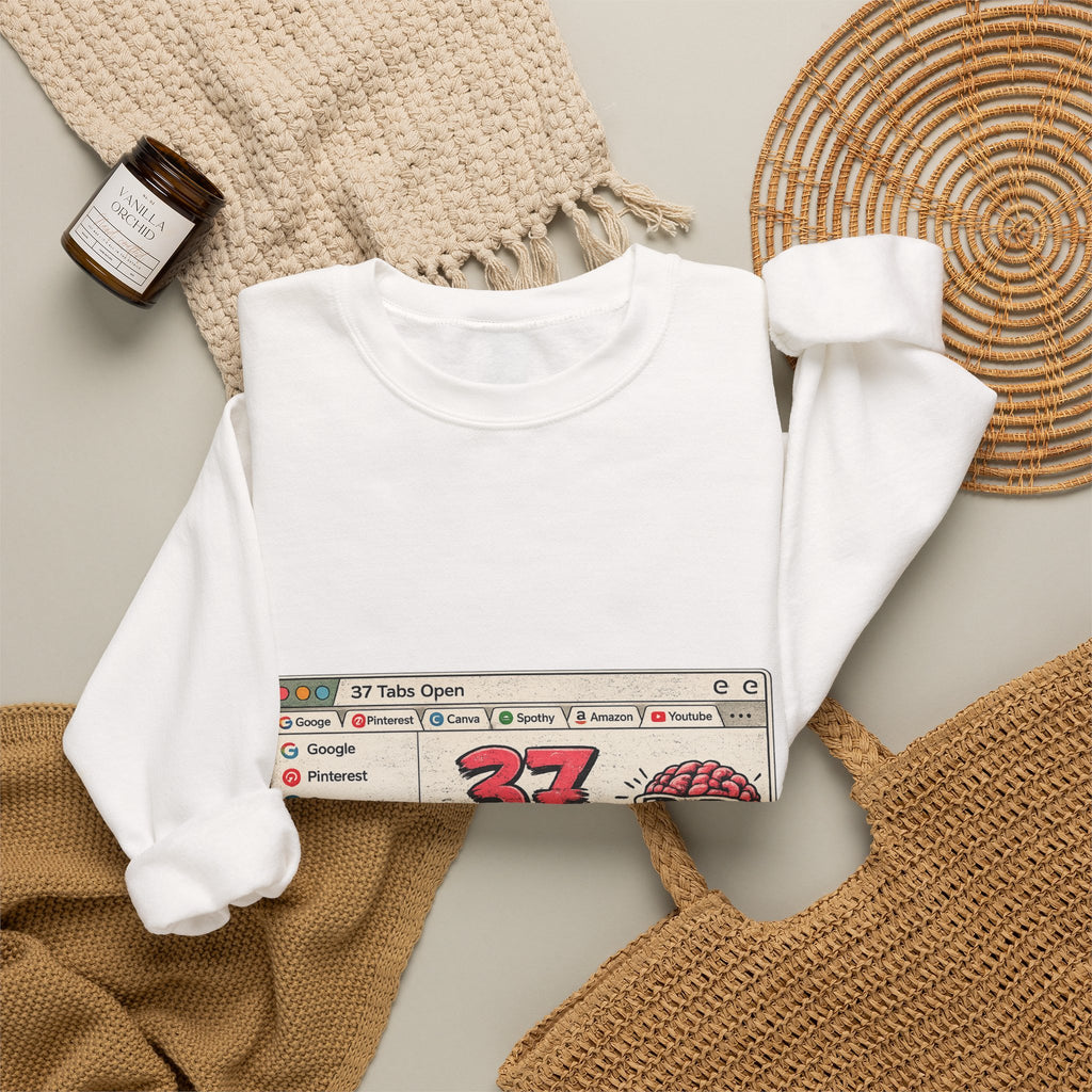 Crewneck Sweatshirt — “37 Tabs Open, My Brain” Vintage Browser Graphic