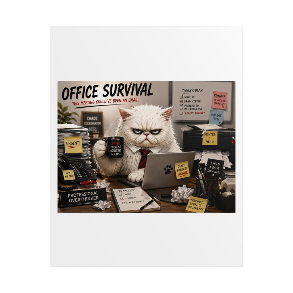 Office Survival Cat Poster — Funny Grumpy Cat Desk Print (Rolled Poster)