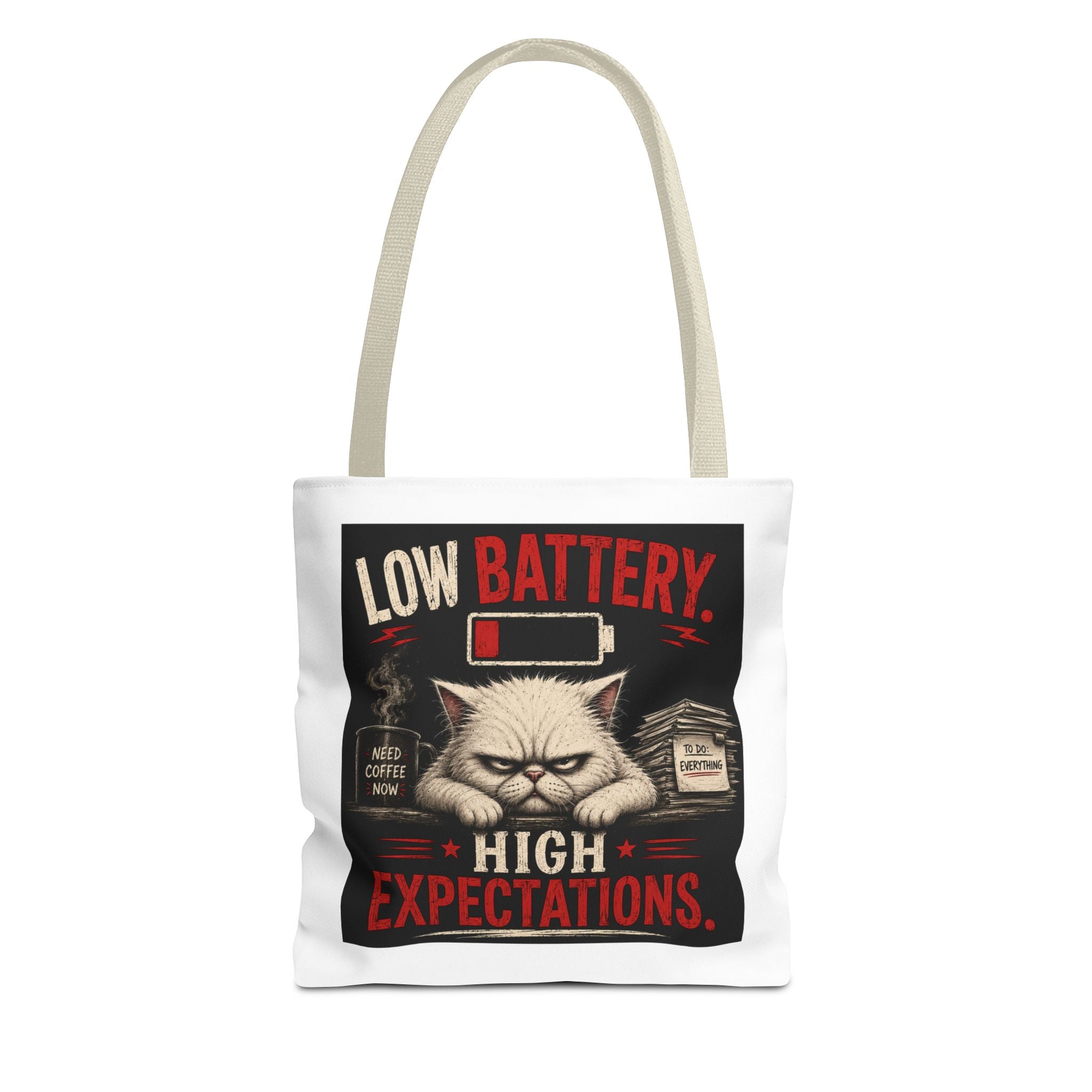 Tote Bag — "Low Battery, High Expectations" Funny Grumpy Cat Graphic Tote