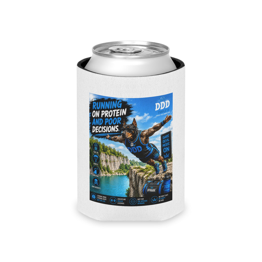 “Running on Protein and Poor Decisions” Fitness Beverage Koozie DDD (Doug the Damn Dog)