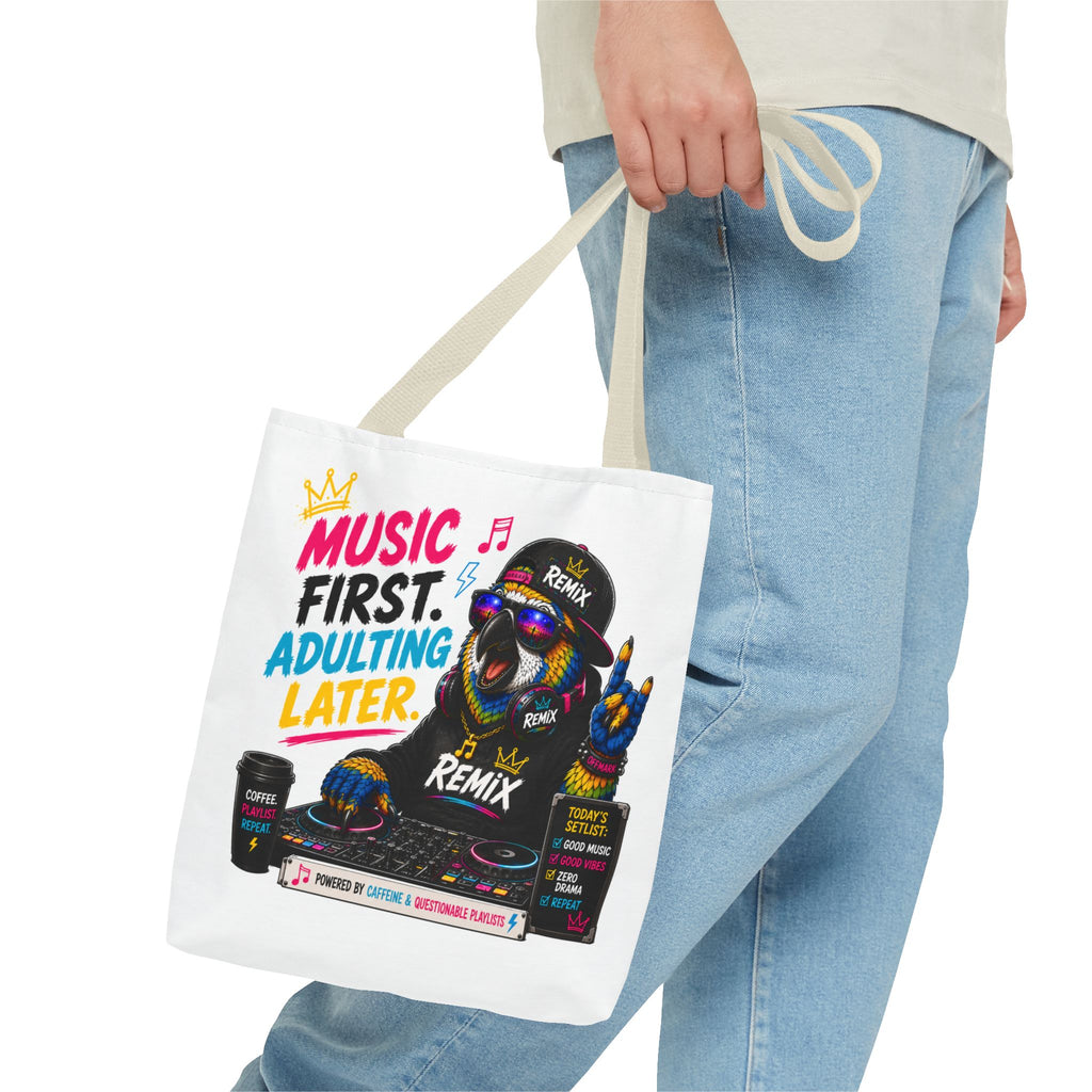"Music First. Adulting Later." Remix the Parrot-Graphic Tote