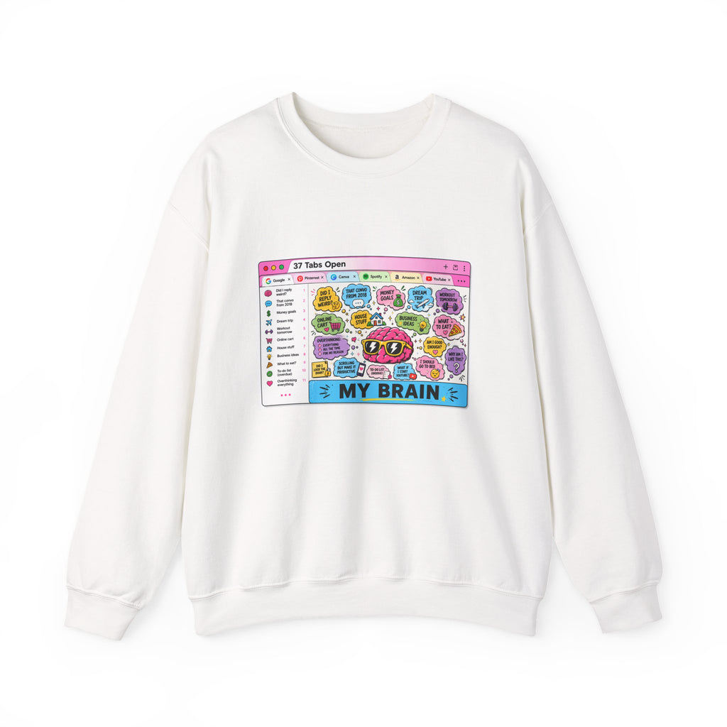 Crewneck Sweatshirt — Cute Colorful “37 Tabs Open” Brain Browser Graphic