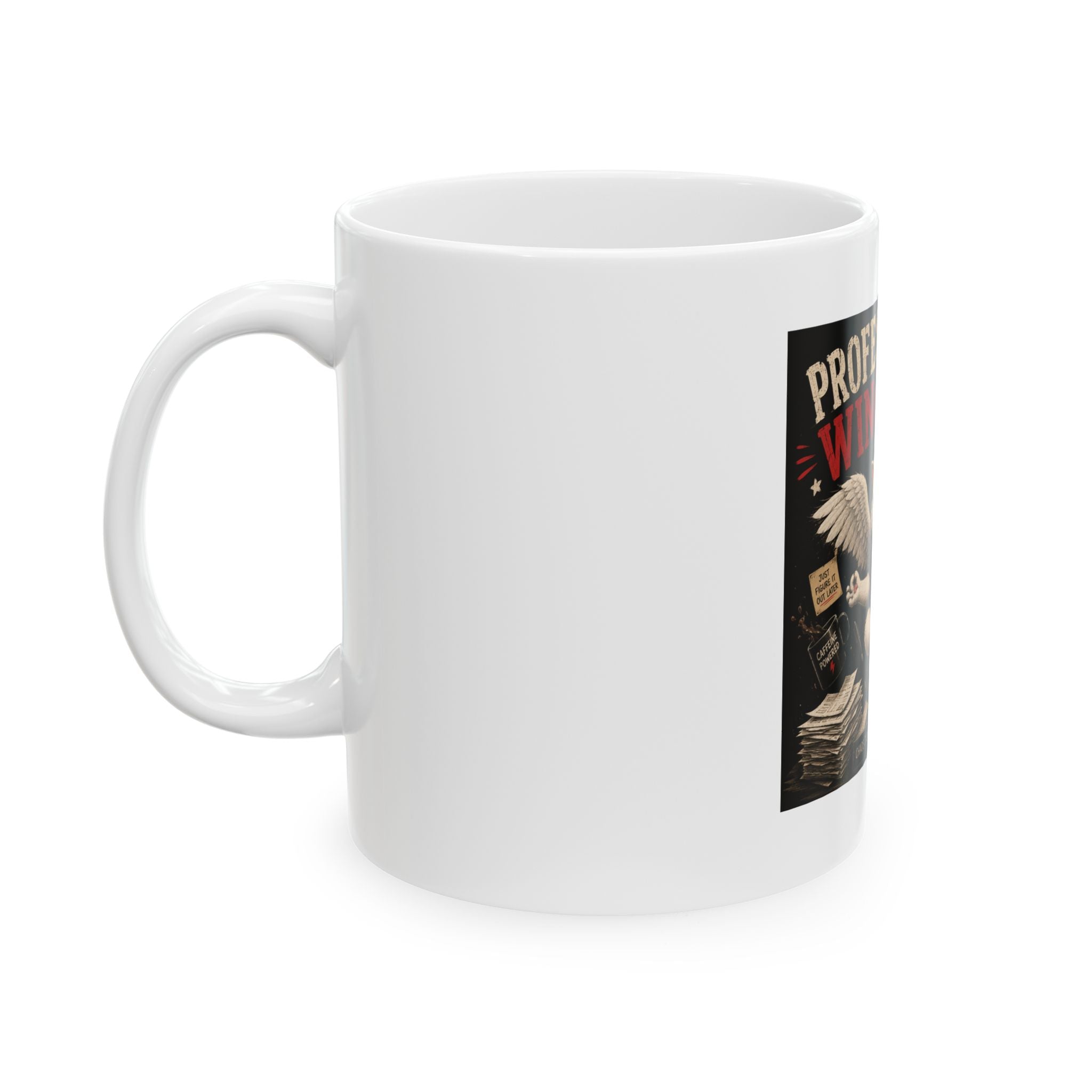 Professionally Winging It Mug — Funny Cat Office Coffee Cup (11oz/15oz)