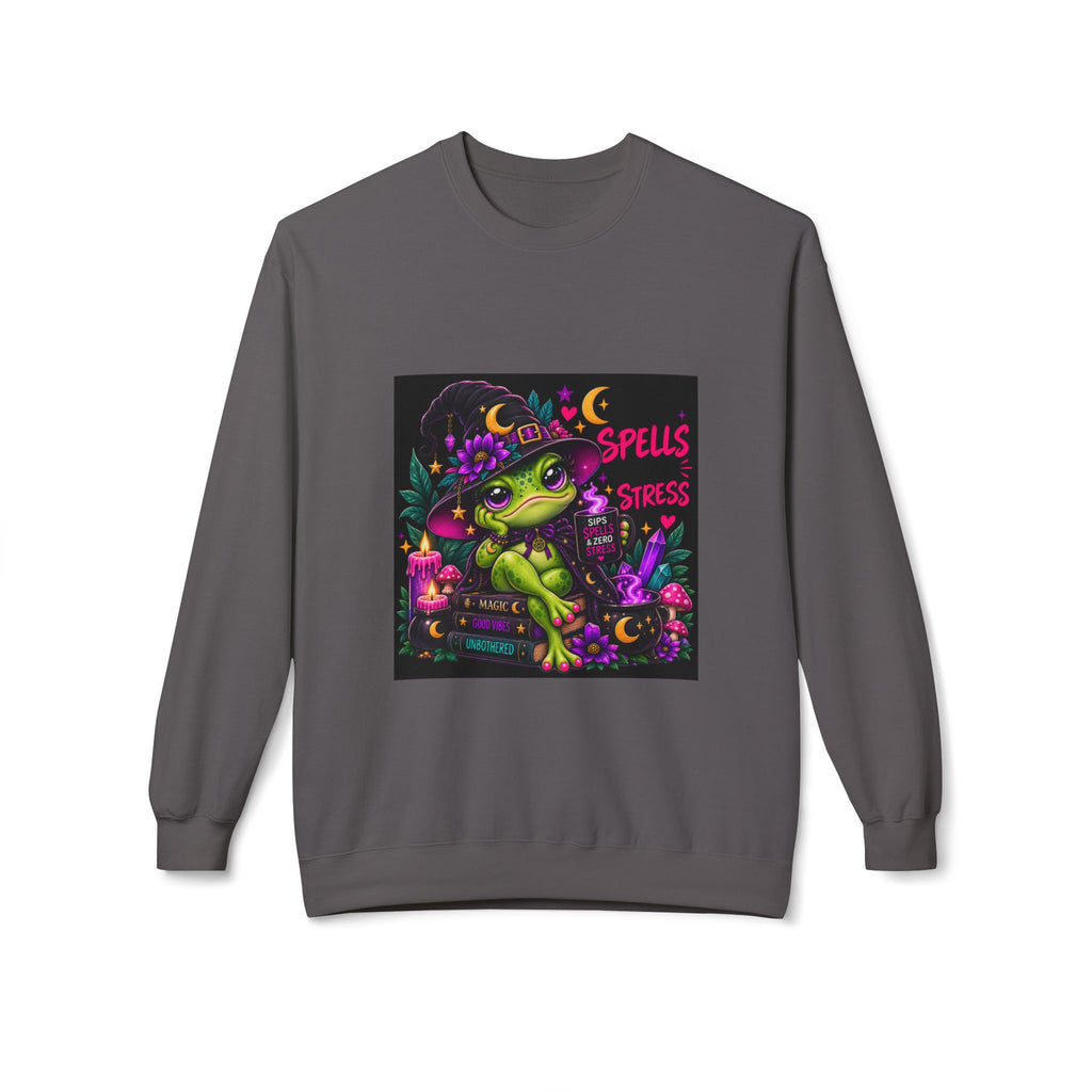 Crewneck Sweatshirt — Cute Witch Frog "Spells > Stress" Graphic