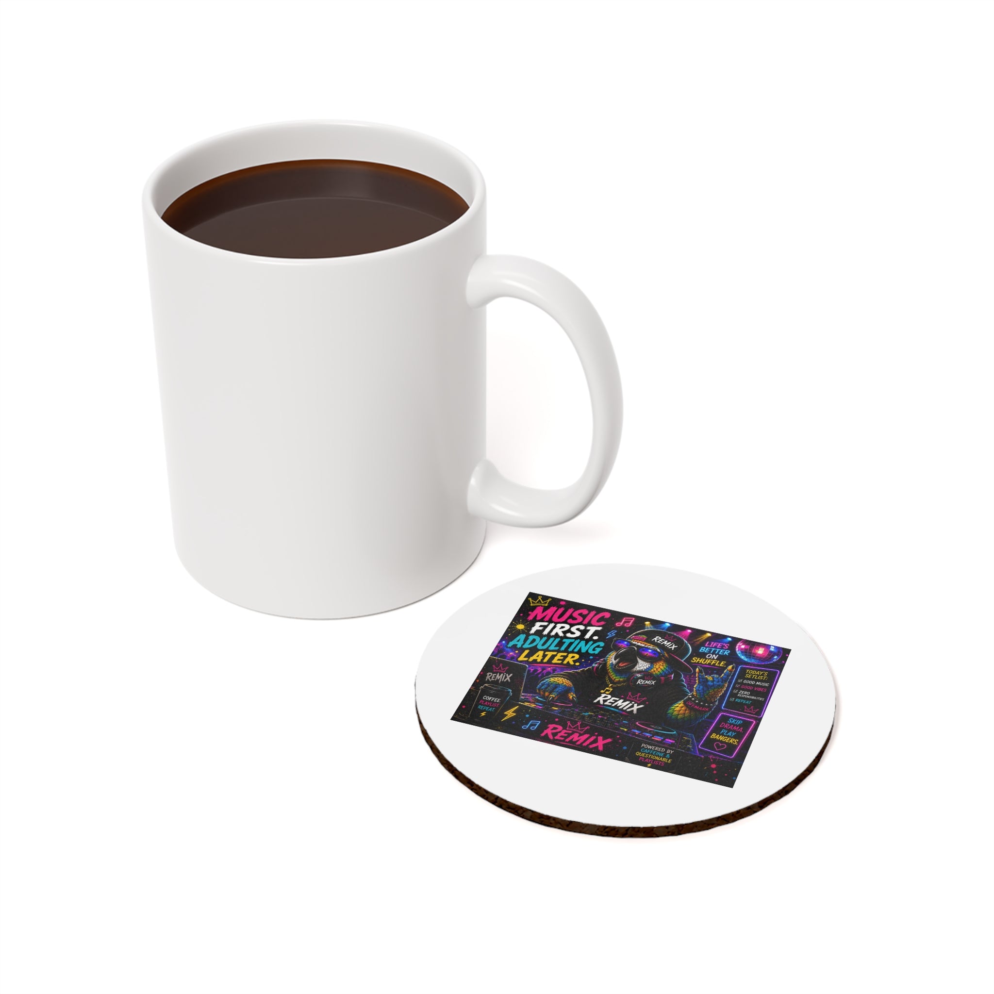 Music First, Adulting Later Cork-Back Coaster — Neon coaster-Remix the Parrot
