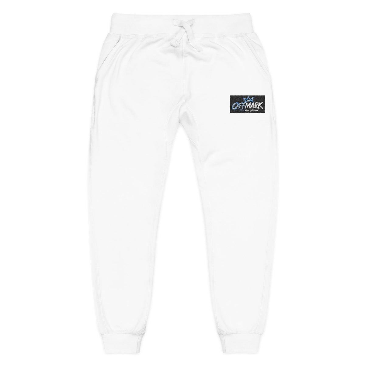 Embroidered White Fleece Sweatpants – Blue and black Patch Logo Joggers