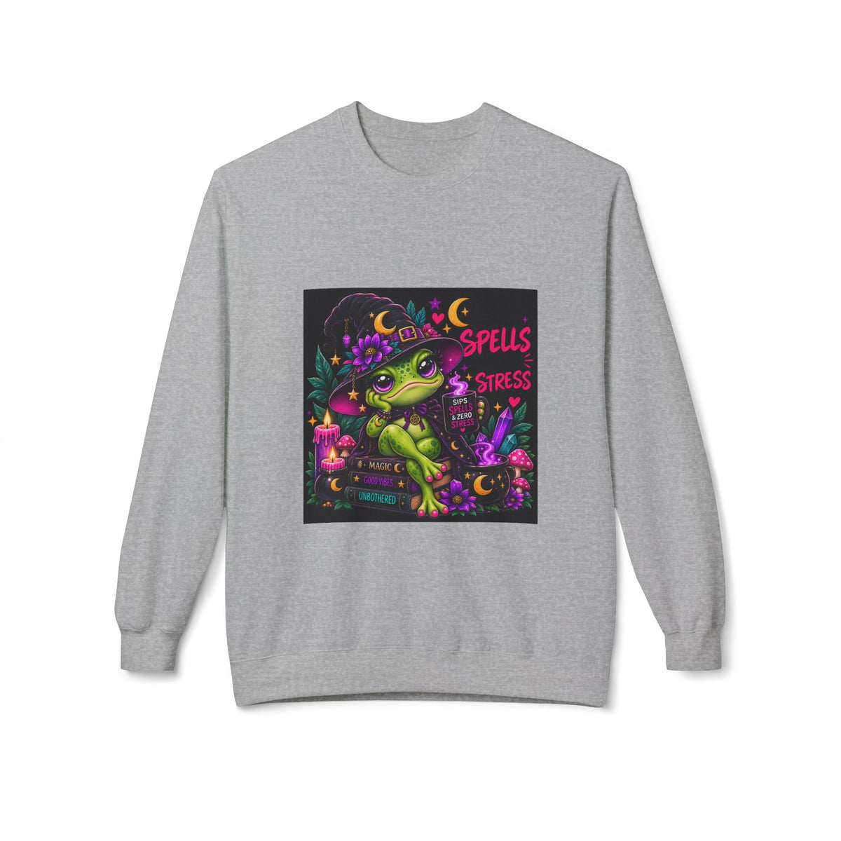 Crewneck Sweatshirt — Cute Witch Frog "Spells > Stress" Graphic