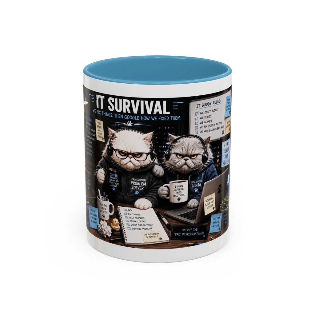 IT Survival Coffee Mug — Funny Cat IT Support Desk Ceramic Accent Mug (11/15oz)