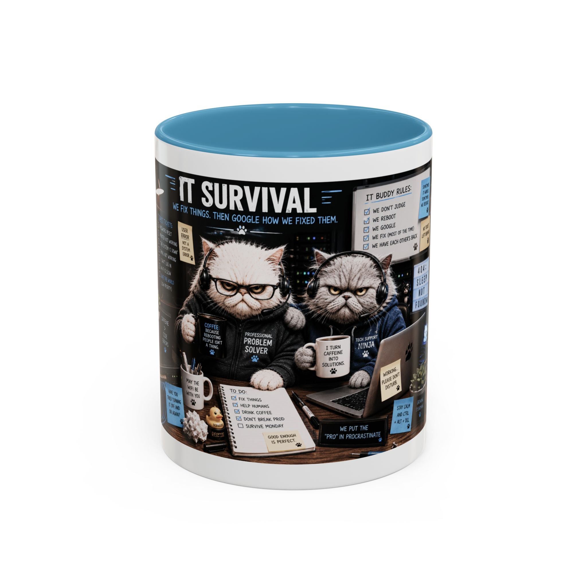 IT Survival Coffee Mug — Funny Cat IT Support Desk Ceramic Accent Mug (11/15oz)