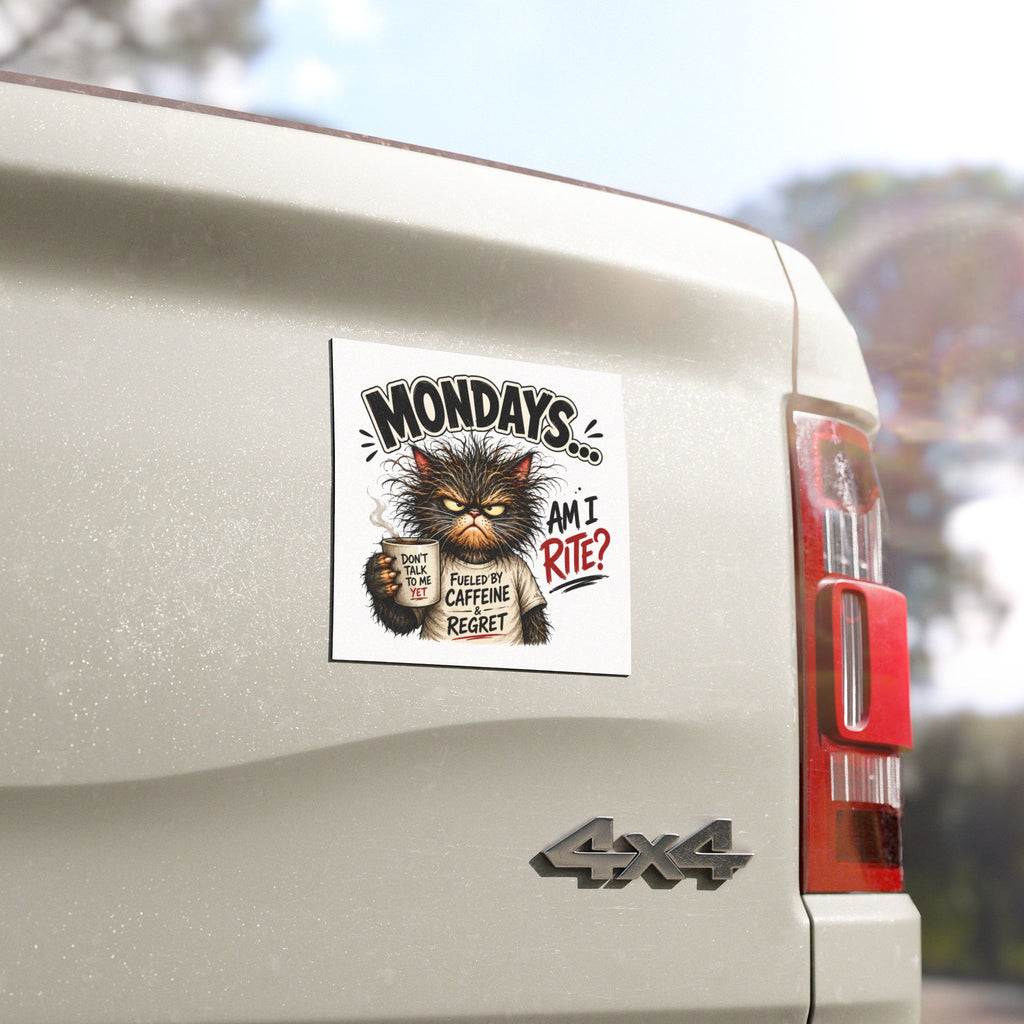 Monday Grumpy Cat Car Magnet - "Mondays... Am I Rite?" Funny Caffeine & Regret Vehicle Magnet