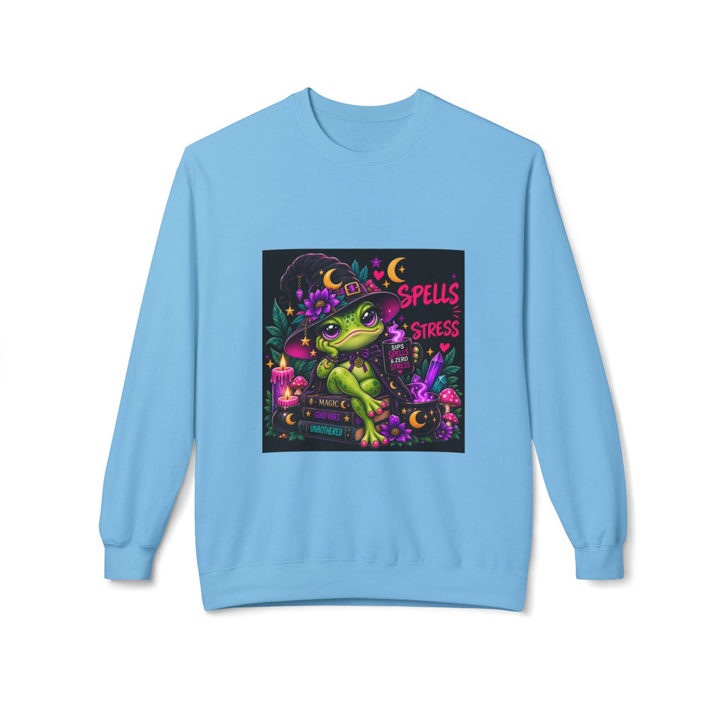 Crewneck Sweatshirt — Cute Witch Frog "Spells > Stress" Graphic