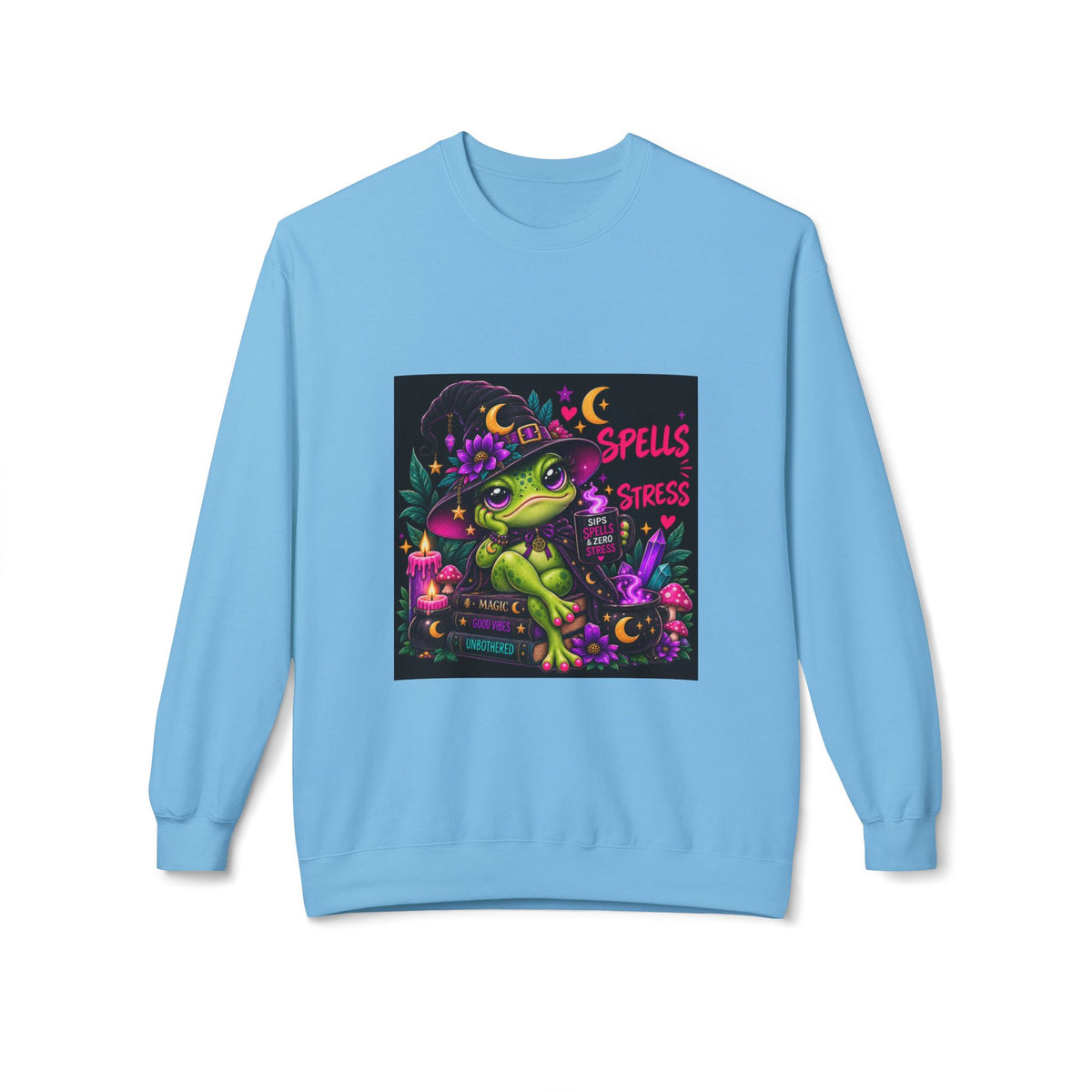 Crewneck Sweatshirt — Cute Witch Frog "Spells > Stress" Graphic