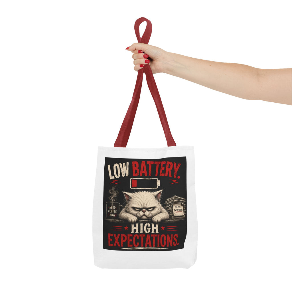 Tote Bag — "Low Battery, High Expectations" Funny Grumpy Cat Graphic Tote