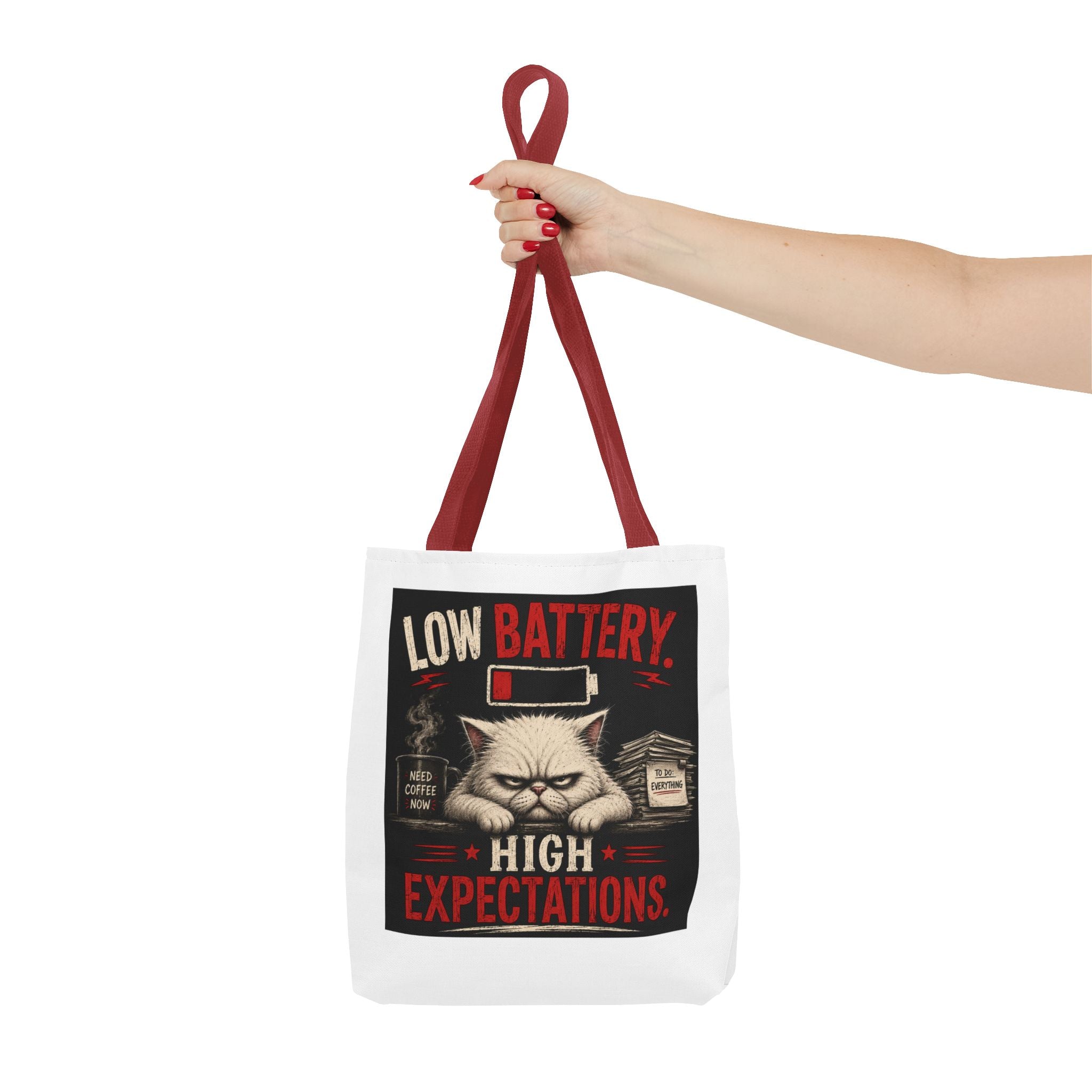 Tote Bag — "Low Battery, High Expectations" Funny Grumpy Cat Graphic Tote