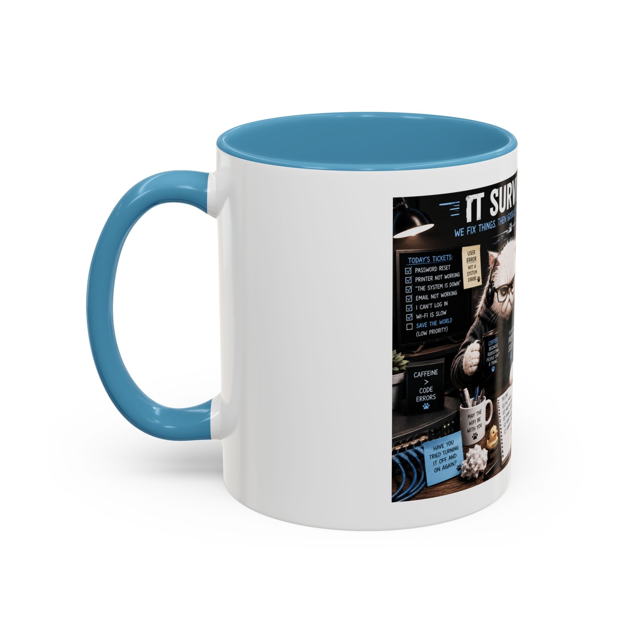 IT Survival Coffee Mug — Funny Cat IT Support Desk Ceramic Accent Mug (11/15oz)