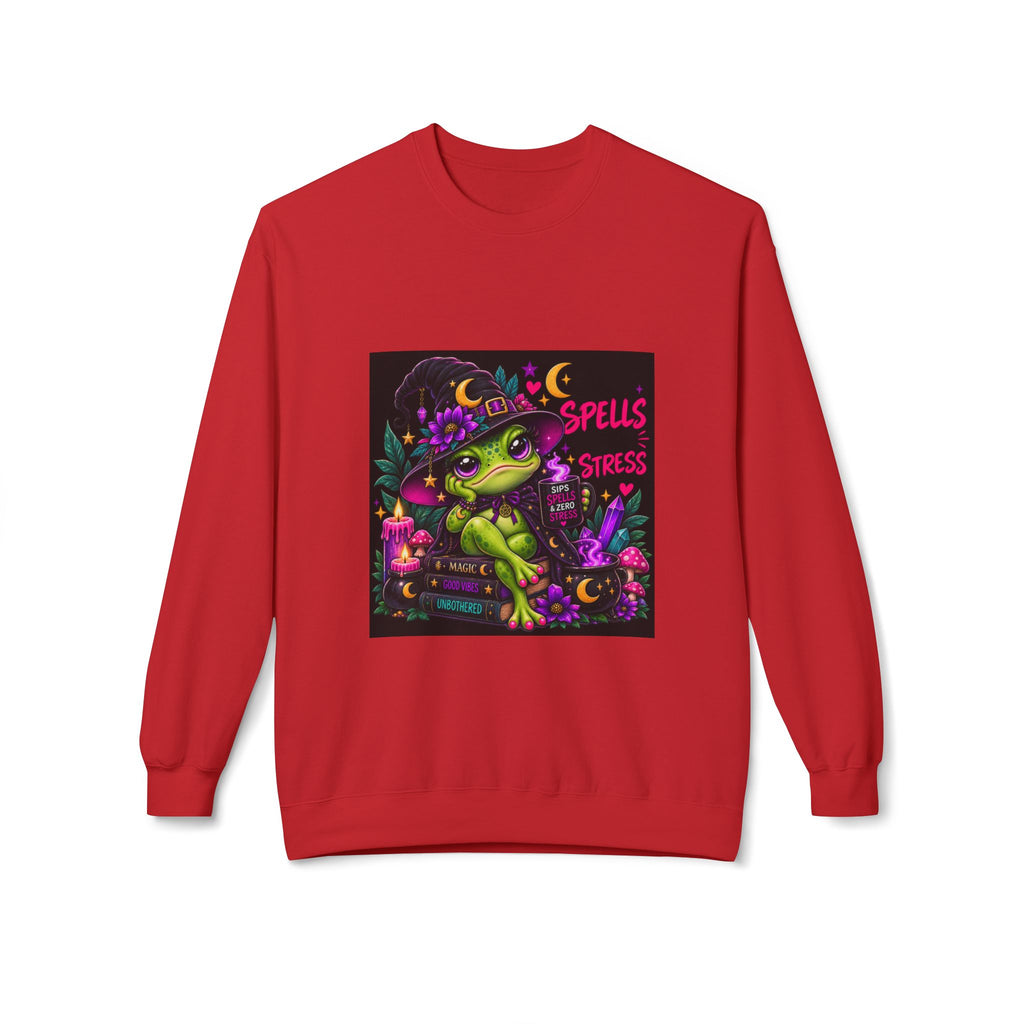 Crewneck Sweatshirt — Cute Witch Frog "Spells > Stress" Graphic